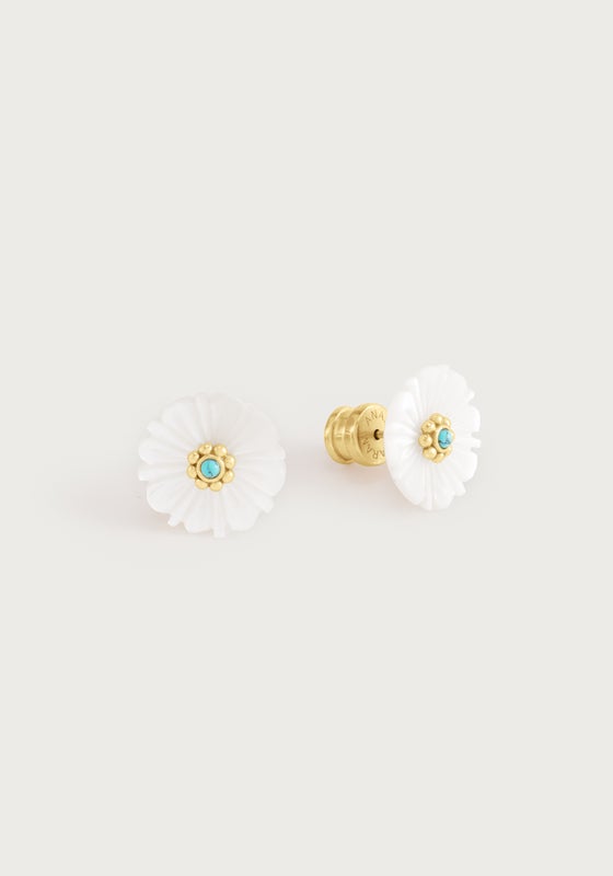 Milos Carved Stone Flower Stud Earrings, Pearl - Anabel Aram