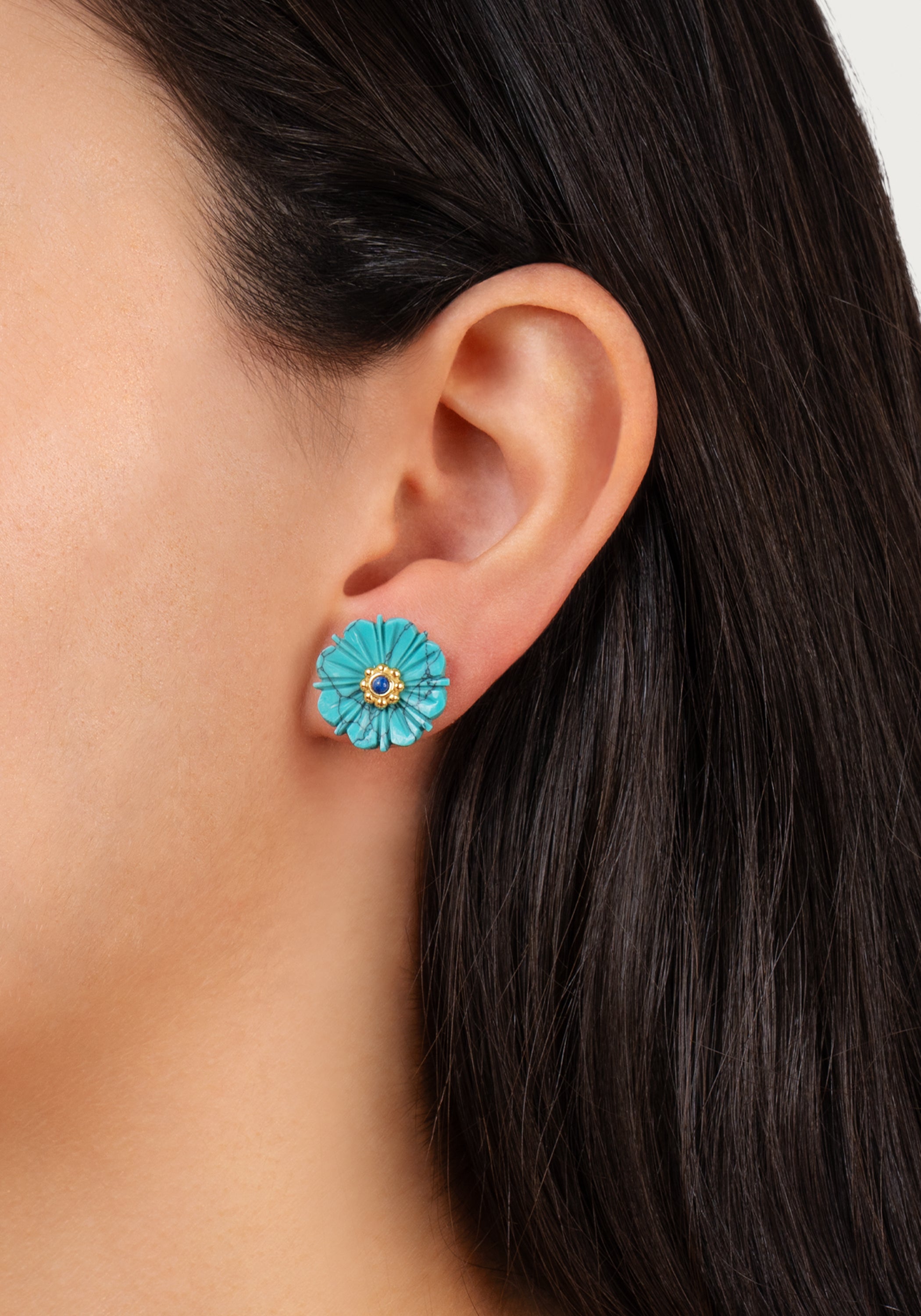 Milos Carved Stone Flower Stud Earrings, Turquoise