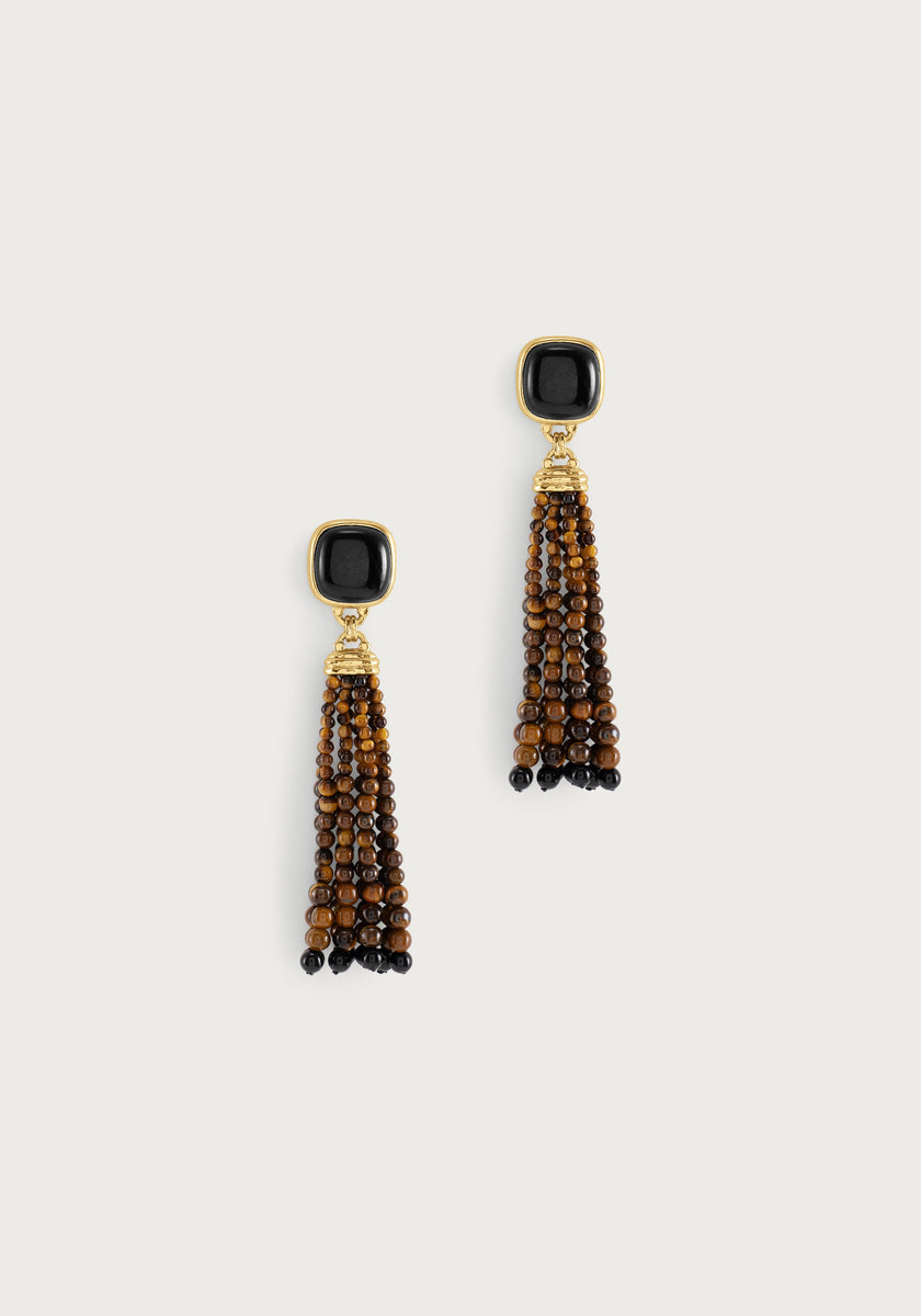 Forza Tassel Earrings, Tiger's Eye and Black Onyx - Anabel Aram