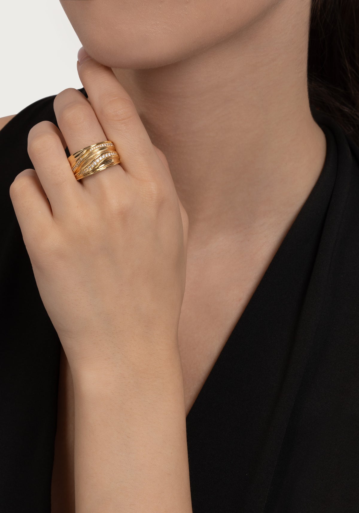 River Wide Pave Ring, Gold