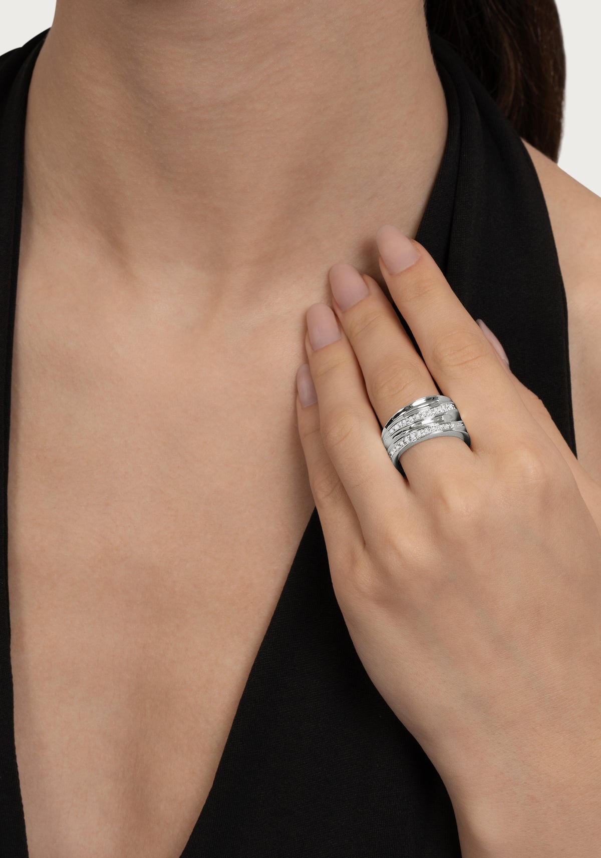 River Wide Pave Ring, Silver