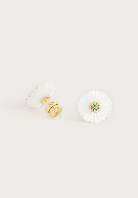 Milos Carved Stone Flower Stud Earrings, Pearl - Anabel Aram