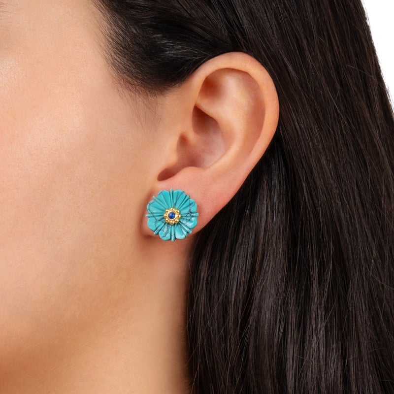 Milos Carved Stone Flower Stud Earrings, Turquoise