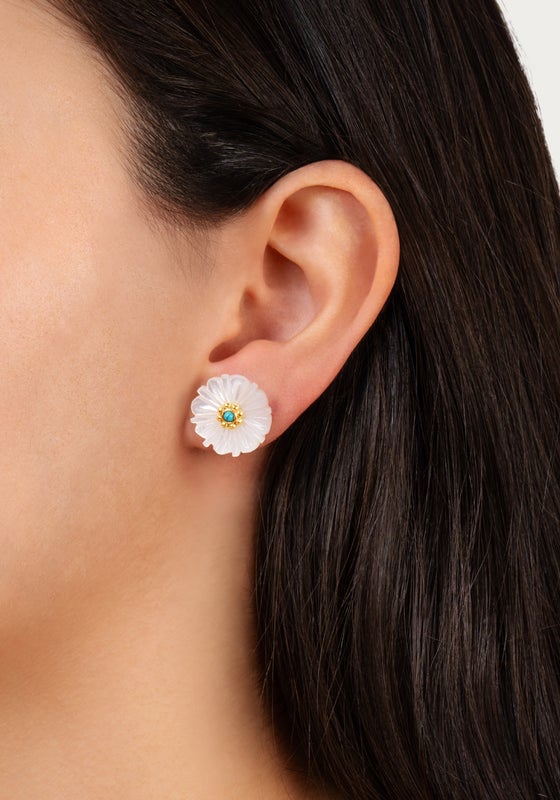 Milos Carved Stone Flower Stud Earrings, Pearl
