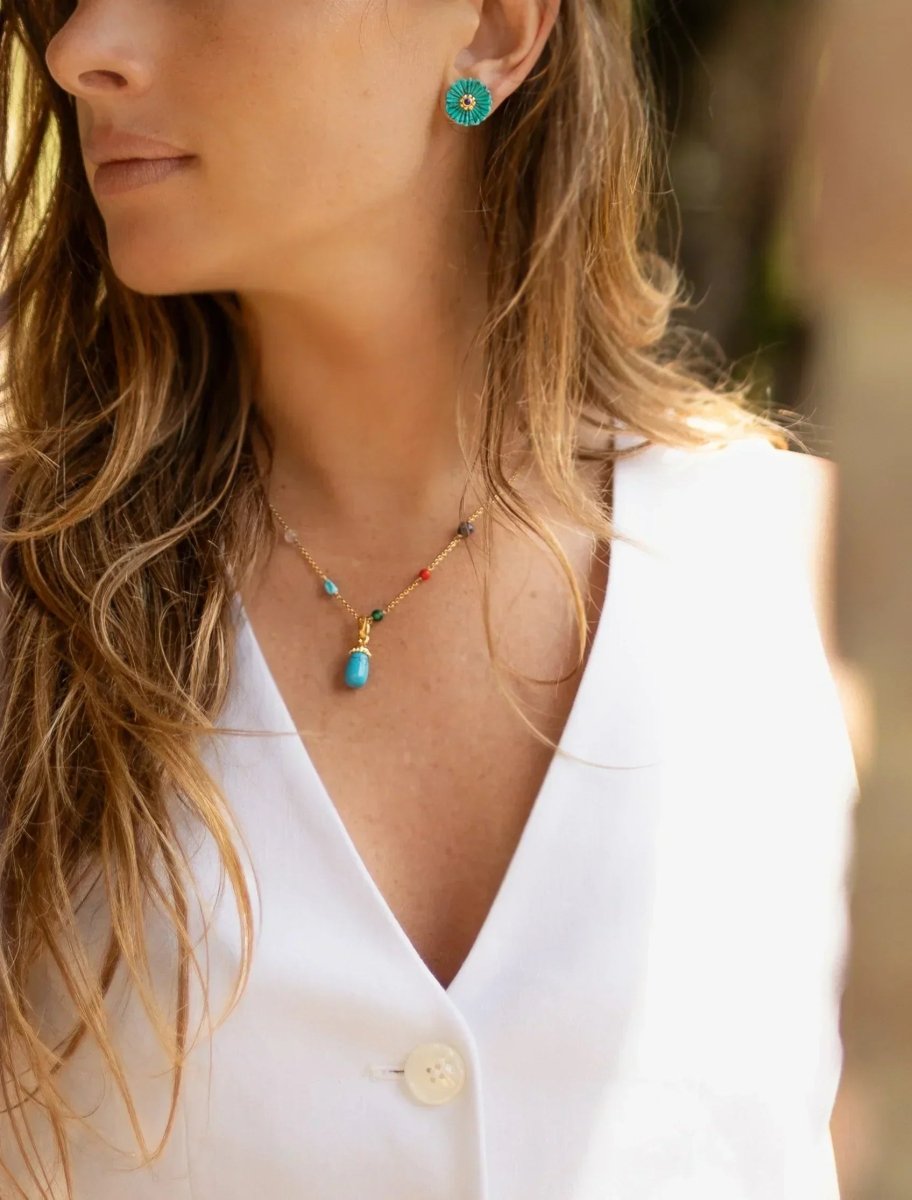 Milos Carved Stone Flower Stud Earrings, Turquoise - Anabel Aram